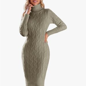 Turtleneck Cable Knit Sweater Dress in Olive